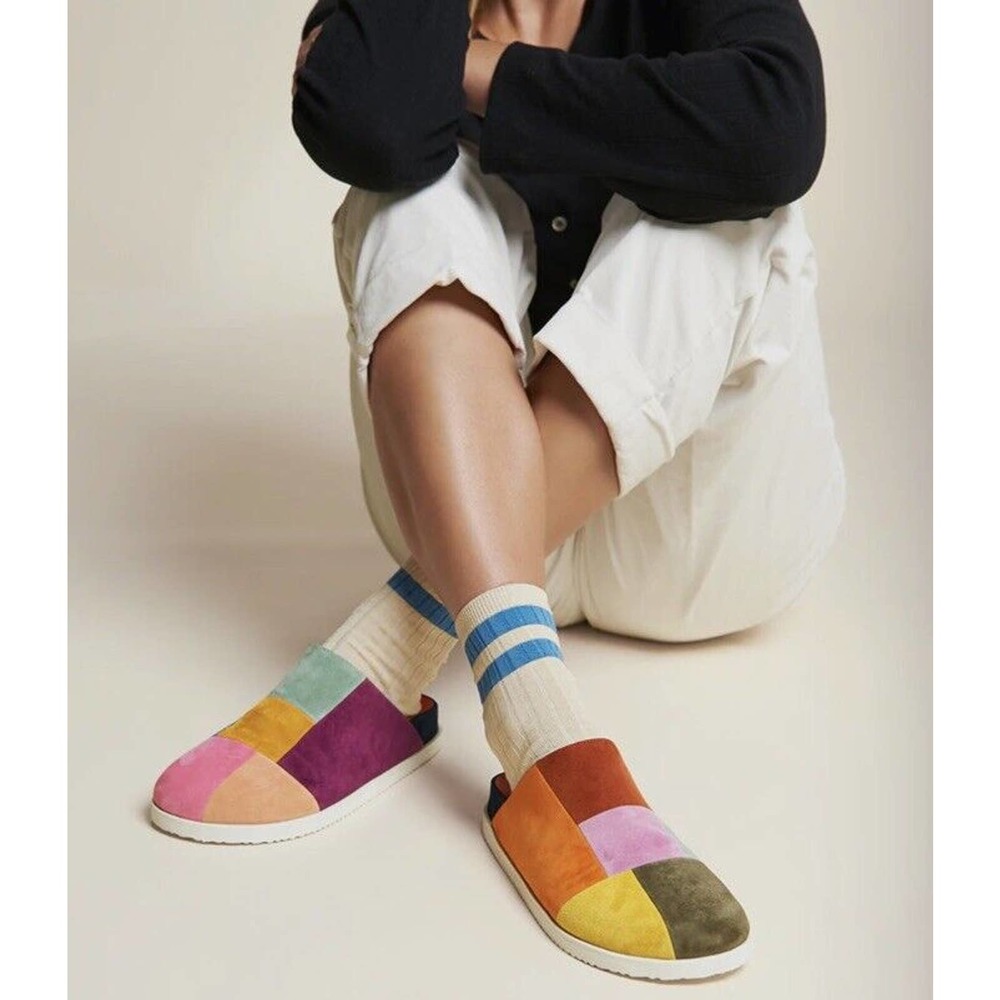 Charlotte Stone Mismatch Sparkie Nassau Suede Patchwork Slide Clogs 10 Ret $204